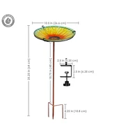 Glass Bird Bath Bowl - 10.5” Diameter Includes Deck Clamp and Staked Stand Blooming Sunflower