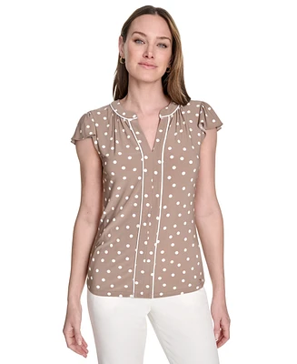 Tommy Hilfiger Women's Dot-Print Split-Neck Flutter-Sleeve Top