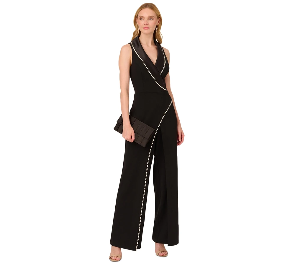 Adrianna Papell Women's Imitation Pearl Crepe Tuxedo Jumpsuit