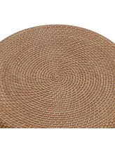 LuxenHome Black with Natural Rattan Finish Cement U-Shaped Base Outdoor Patio Side Table