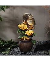 LuxenHome Sunflower and Owl 2.3-Feet Tall Outdoor Polyresin Fountain with Lights