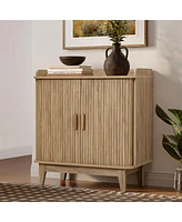 LuxenHome Mid-Century Modern Tambour-Style 2-Door 31.5-Inch Wide Cabinet with Tray Top, Oak
