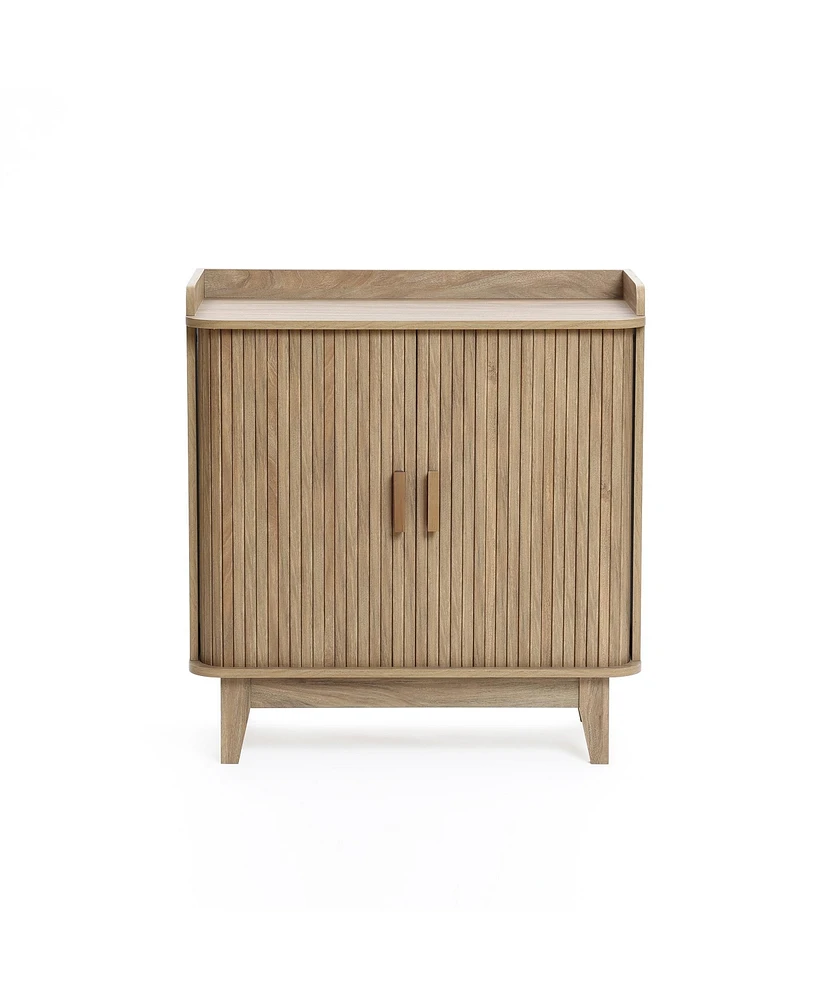 LuxenHome Mid-Century Modern Tambour-Style 2-Door 31.5-Inch Wide Cabinet with Tray Top, Oak