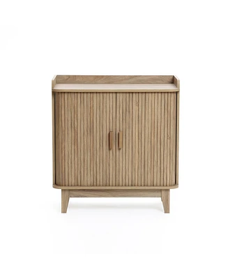 LuxenHome Mid-Century Modern Tambour-Style 2-Door 31.5-Inch Wide Cabinet with Tray Top, Oak