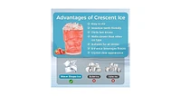 Zafro moon-shaped ice maker can produce 100 pounds of ice per day and has a storage capacity of 28 pounds. It features a two-way water filling system,