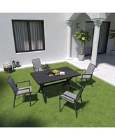 5-Piece Aluminum Frame Outdoor Dining Set with Faux Wood Table Stackable Chairs Patio Furniture