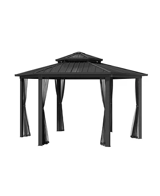 15x15Ft Outdoor Hexagon Hard Top Metal Gazebo Patio Double Roof Canopy Aluminum Frame Gazebo with Nettings