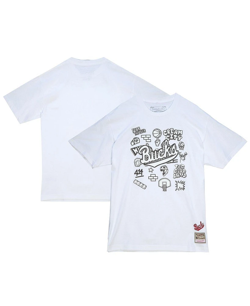 Mitchell & Ness Men's White Milwaukee Bucks Hardwood Classics Doodle T-Shirt