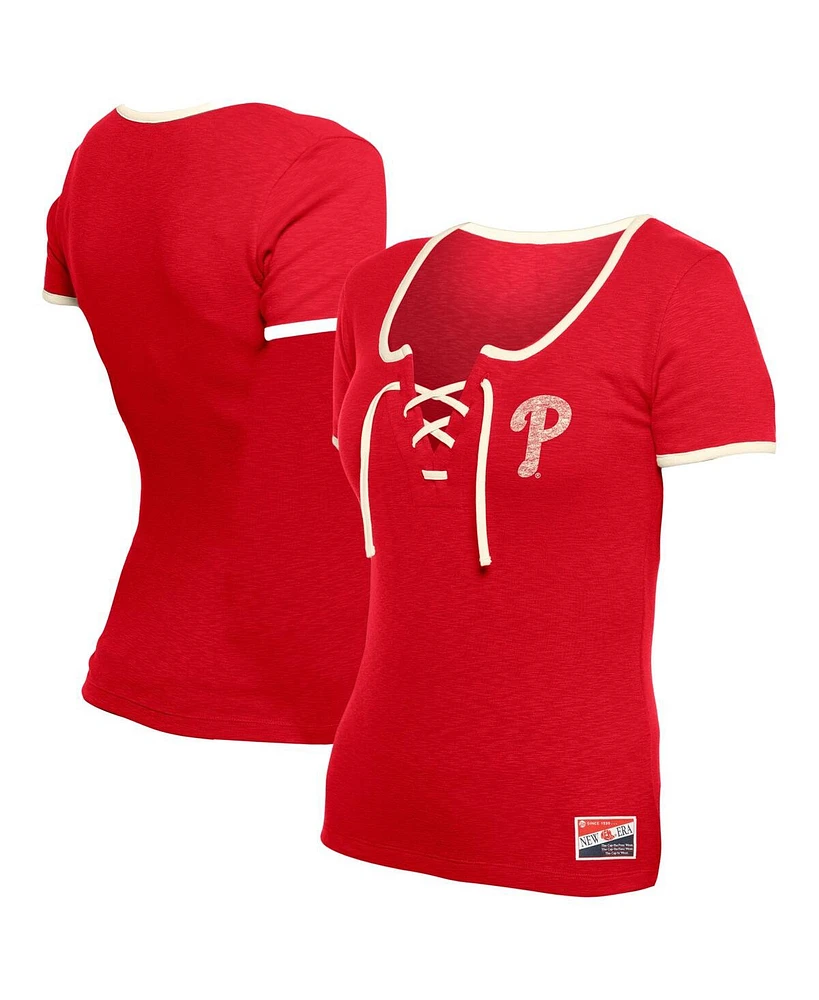 New Era Women's Red Philadelphia Phillies Throwback Lace Up T-Shirt