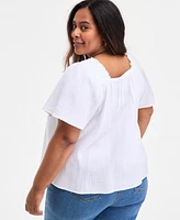 Style & Co Plus Smocked-Square-Neck Short-Sleeve Cotton Top, Exclusively at Macy's