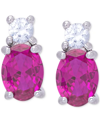 Lab Grown Pink Sapphire (3-1/10 ct. t.w.) & Lab Grown White Sapphire (3/8 ct. t.w.) Oval Stud Earrings in Sterling Silver