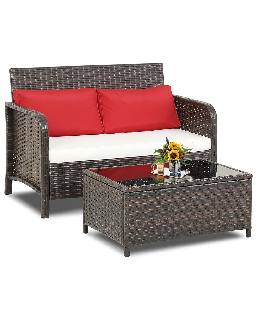 Gymax 2 Pieces Outdoor Patio Wicker Furniture Set Rattan Loveseat & Coffee Table