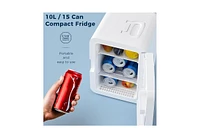 Zafro 10L mini fridge features a compact design, ideal for storing cosmetics, skincare, snacks, or drinks. It includes a dimmable Led light mirror for