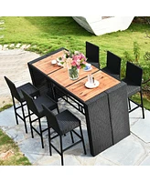 7 Pcs Patio Rattan Wicker Bar Dining Furniture Set wood Table Top 6 Stools