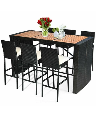 7 Pcs Patio Rattan Wicker Bar Dining Furniture Set wood Table Top 6 Stools