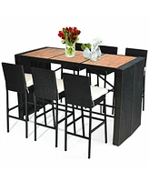 7 Pcs Patio Rattan Wicker Bar Dining Furniture Set wood Table Top 6 Stools