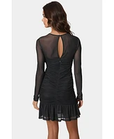Bebe Women's Flounce Mesh Long Sleeve Mini Dress