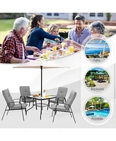 Gymax 6PCS Outdoor Dining Set Patio Table & Chair Furniture Set w/ Cushions & Umbrella