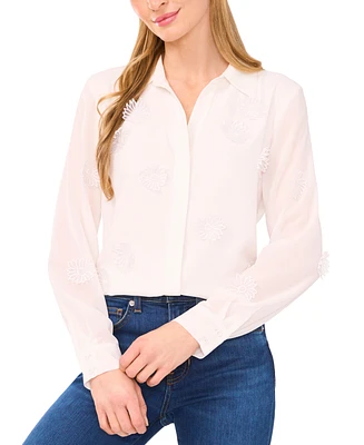 CeCe Women's Long-Sleeve Blouse with Floral Applique