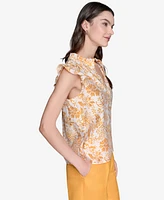 Karl Lagerfeld Paris Women's Printed Split-Neck Flutter-Sleeve Blouse