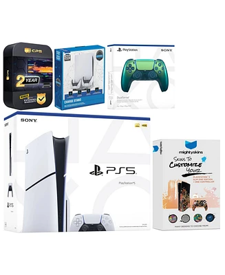 Sony Playstation 5 Slim Disc with Extra Chroma Teal Controller, Charging Usb Hub and MightySkins Decal Voucher + 2 Year Cps Extended Warranty