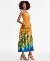 Tahari Asl Women's Ruched-Bodice Border-Print Midi Dress