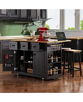 53" Kitchen Island with Storage, Power Outlet, Bar Stools
