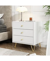 Bedside table with three drawers, side table with gold handles and feet, white wooden end table, suitable for bedrooms, living rooms, offices