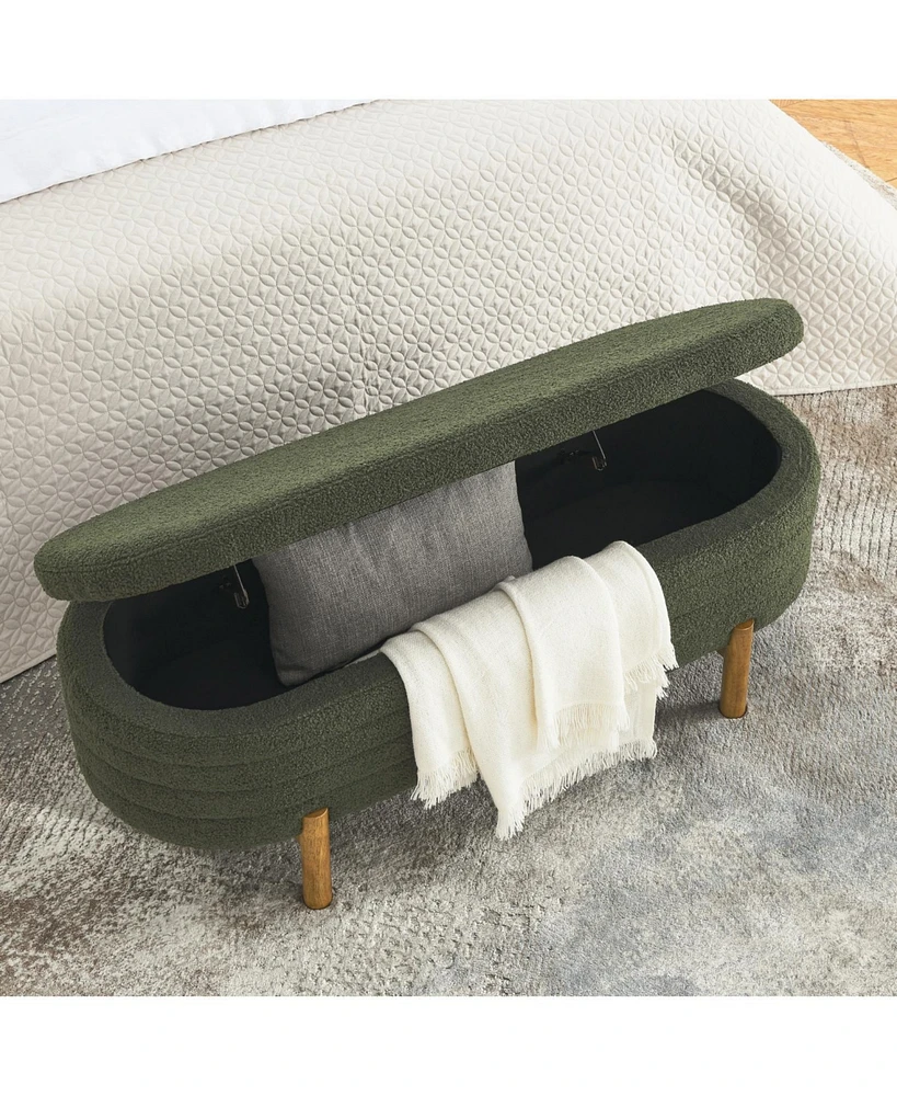 Ottoman Oval Storage Bench,Rubber Wood Leg, Green(46."x17.7"x10.8")