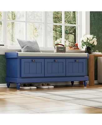 Classic Storage Bench with Cushioned Seat and Three Drawers for Entryway and Living Room (Navy Blue)
