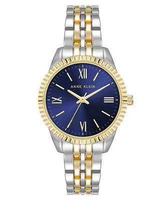 Anne Klein Women's Quartz Coin Edge Two-Tone Metal Alloy and Navy Dial Watch, 30mm