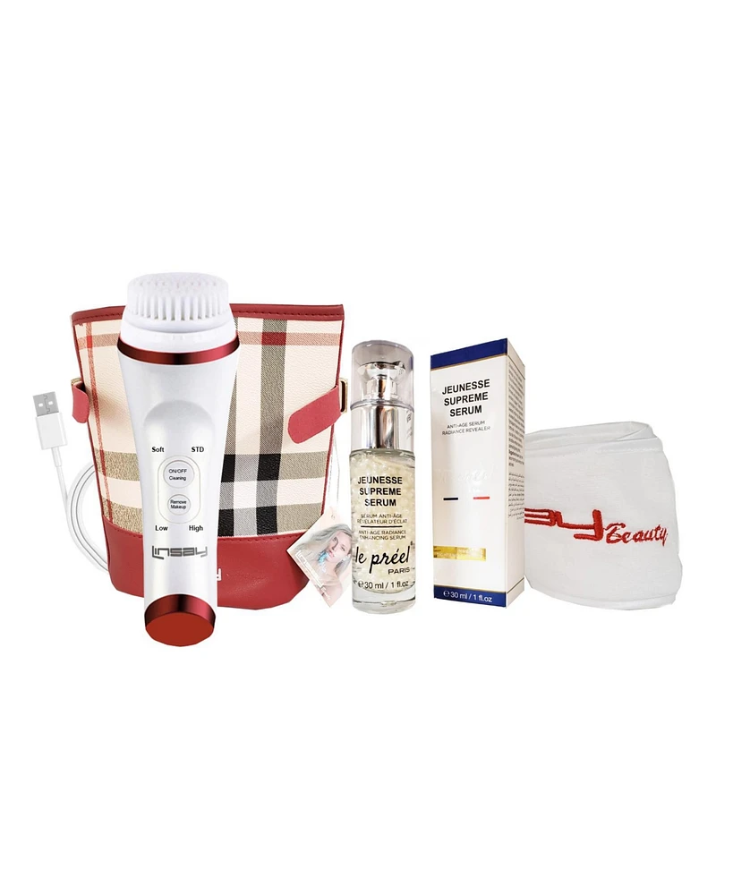 Linsay UltraSonic Facial & Body cleansing Brush with Temperature control Super Bundle with Anti Age Serum Cream, Usb Cable, Headband and Bag