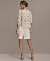 Donna Karan New York Womens Crochet Cardigan Linen Blend Shorts