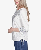 Alfred Dunner Women's Summer Solstice Linear Embroidered Tie Sleeve Top