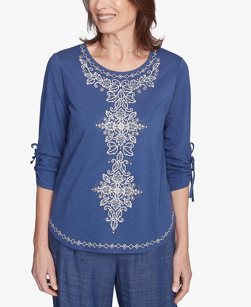 Alfred Dunner Women's Summer Solstice Embroidery Centered Tie Sleeve Top