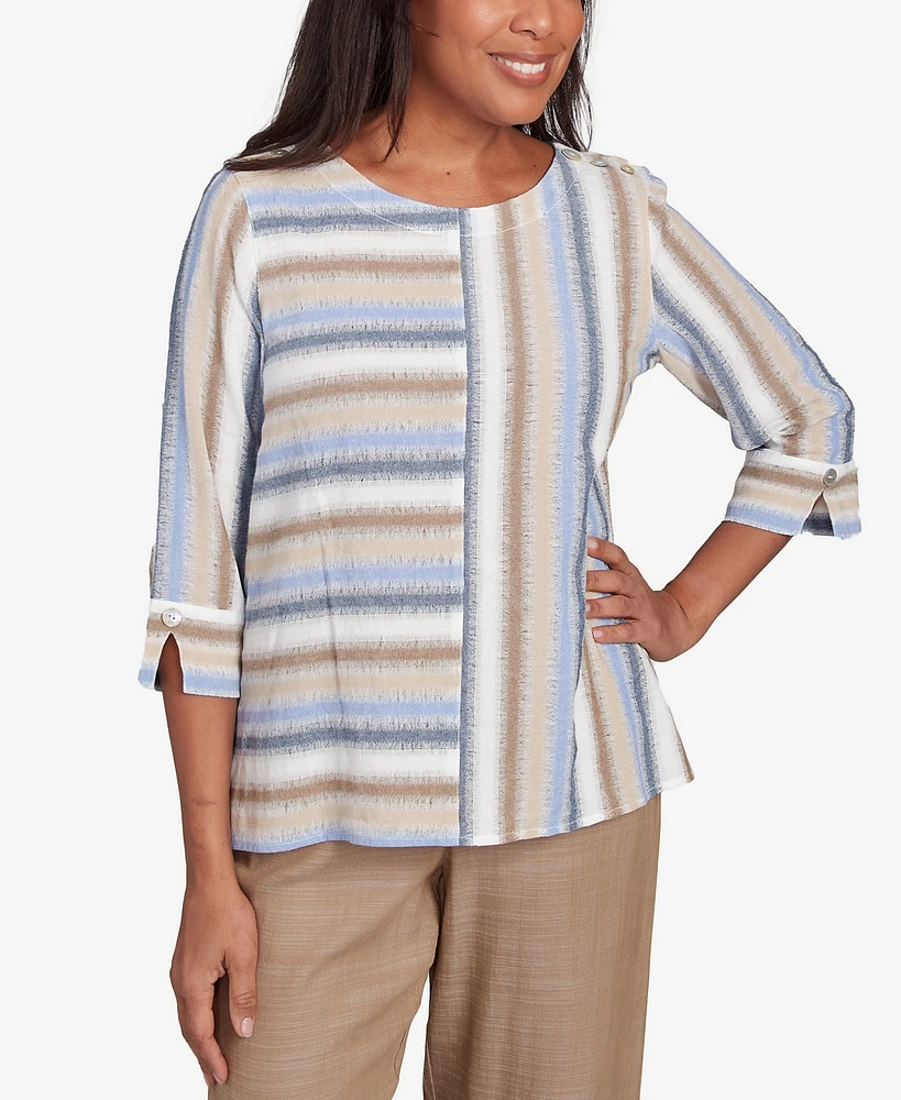 Alfred Dunner Women's Summer Solstice Spliced Stripe Button Shoulder Top