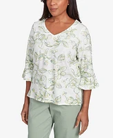 Alfred Dunner Women's Santa Fe Embroidered Floral Vines Cotton Top