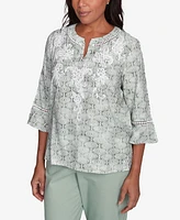 Alfred Dunner Women's Santa Fe Embroidered Geometric Flare Sleeve Top