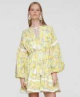 Avec Les Filles Women's Cotton Lemon-Print Split-Neck Prairie Mini Dress