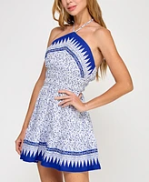 Trixxi Juniors' Ruched-Waist Printed Halter Mini Dress