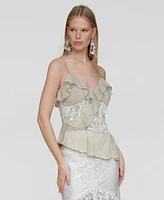 Avec Les Filles Women's Ruffle Lace-Panel Asymmetric Top