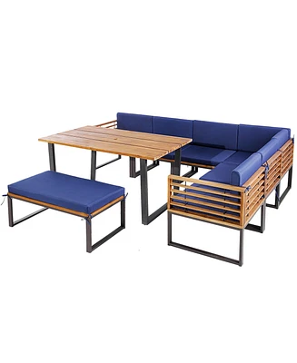 Gymax 8PCS Patio Dining Set Acacia Wood L Shaped Sectional Sofa Set w/ Navy Cushions