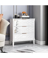 3-drawer mirrored nightstand, white wooden bedside table, end table with gold handles, suitable for bedroom, living room, and office use