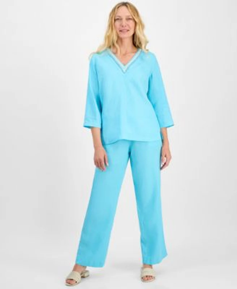 Charter Club Womens 100 Linen Embellished Top Pants Exclusively At Macys