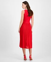 T Tahari Women's Ribbed Pleated Sleeveless Fit & Flare Dress