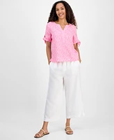 Charter Club Women's Linen Printed Tie-Cuff Blouse, Exclusively at Macy's
