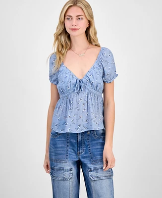 Planet Gold Juniors' Floral-Print Puff-Sleeve Babydoll Top
