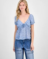 Planet Gold Juniors' Floral-Print Puff-Sleeve Babydoll Top