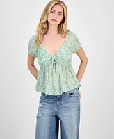 Derek Heart Juniors' Floral-Print Puff-Sleeve Babydoll Top