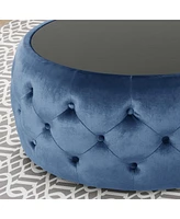Round Velvet Tufted Ottoman with Tempered Glass Top, Modern Glam Design, Upholstered Footrest, Elegant Coffee Table Alternative for Living Room-The Po